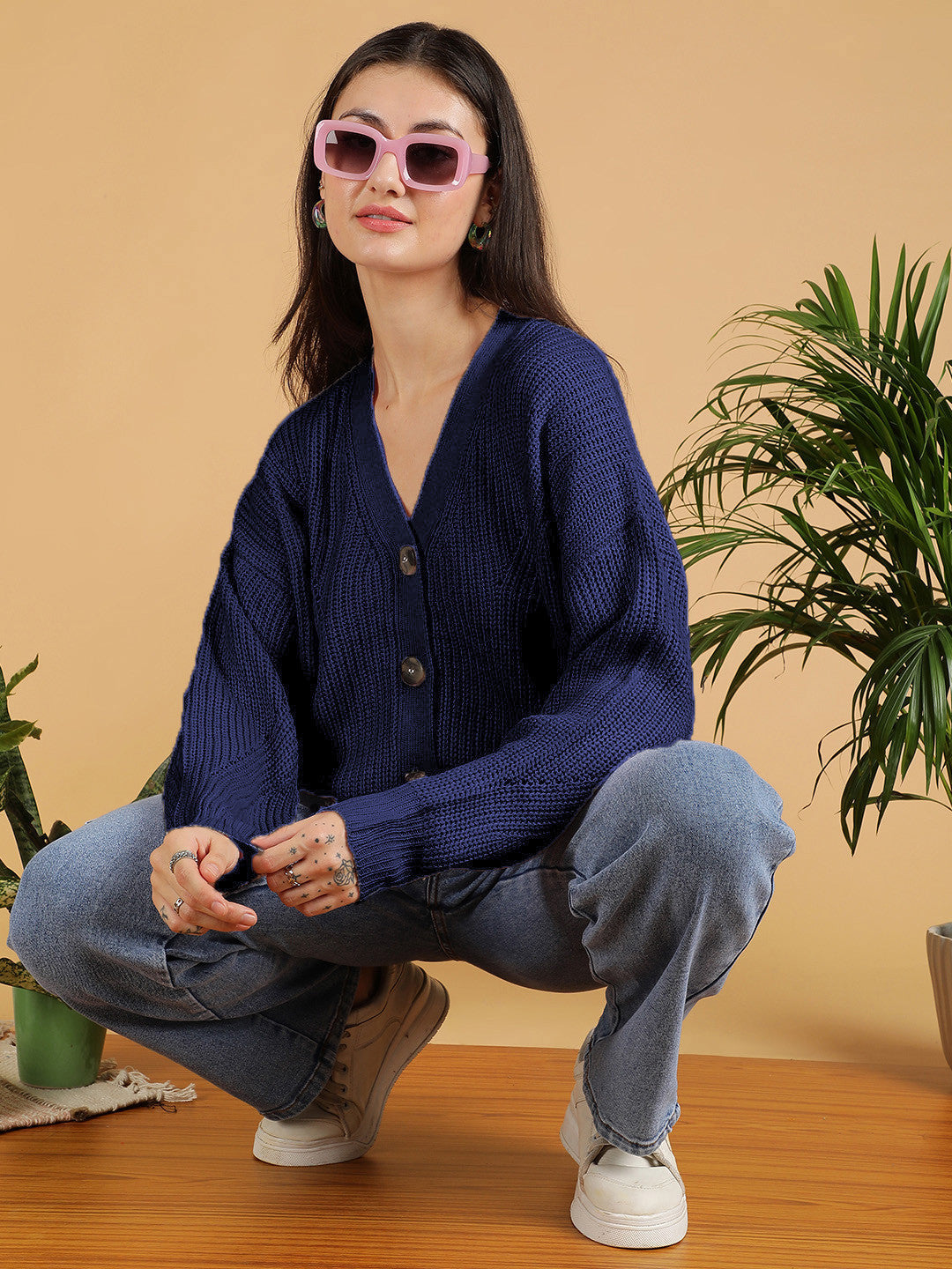 KOTTY Solid V Neck Casual Women Blue Sweater 