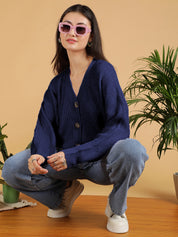 KOTTY Solid V Neck Casual Women Blue Sweater 