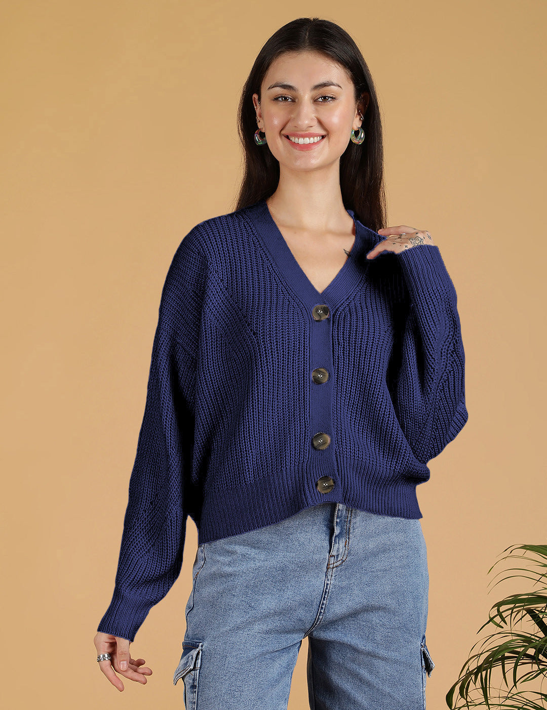 KOTTY Solid V Neck Casual Women Blue Sweater 