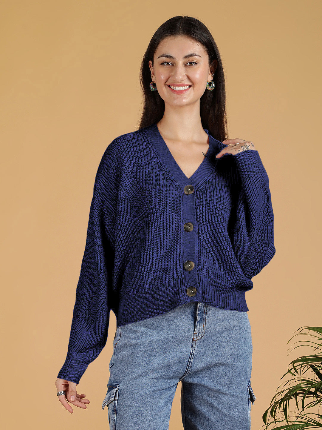KOTTY Solid V Neck Casual Women Blue Sweater 