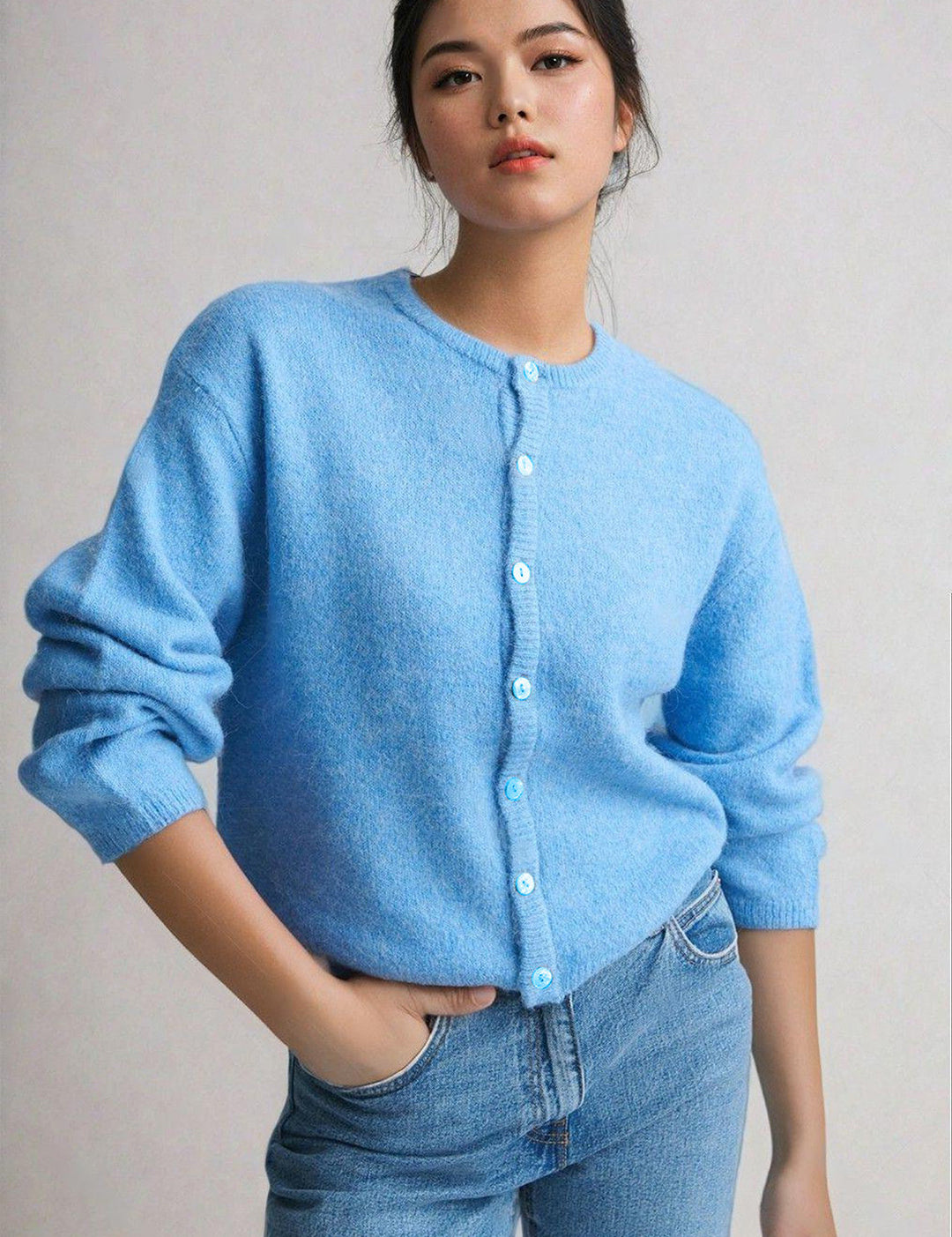KOTTY Solid Round Neck Casual Women Light Blue Sweater 