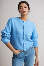KOTTY Solid Round Neck Casual Women Light Blue Sweater 