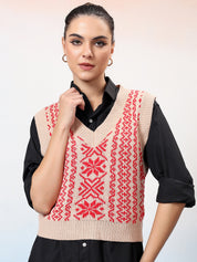 KOTTY Printed V Neck Casual Women Multicolor Sweater 
