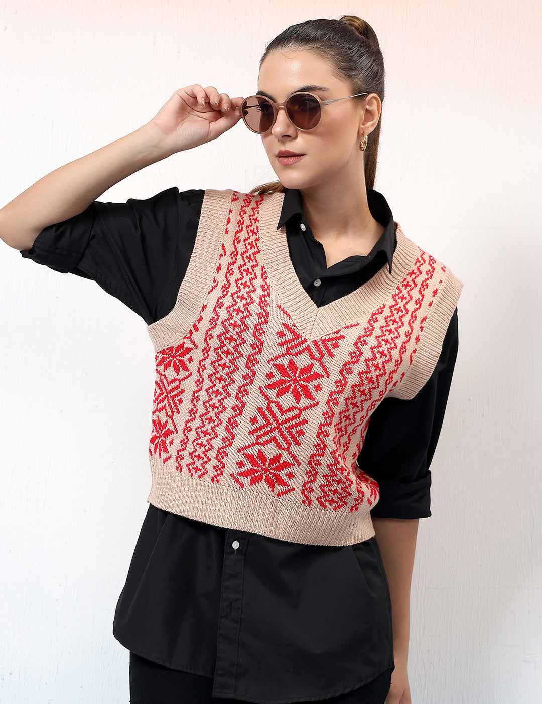 KOTTY Printed V Neck Casual Women Multicolor Sweater 