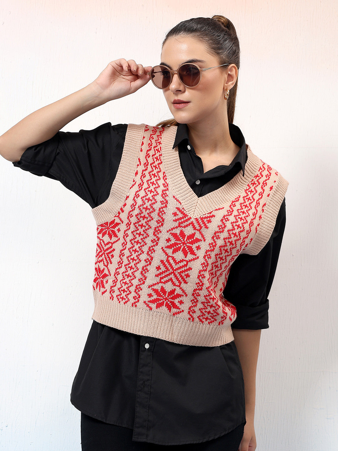 KOTTY Printed V Neck Casual Women Multicolor Sweater 