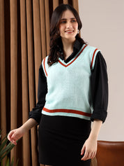 KOTTY Printed V Neck Casual Women Green Sweater 