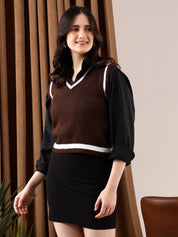 KOTTY Printed V Neck Casual Women Brown Sweater 