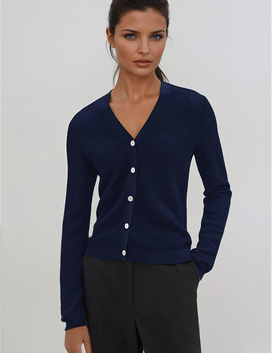 KOTTY Self Design V Neck Casual Women Dark Blue Sweater 