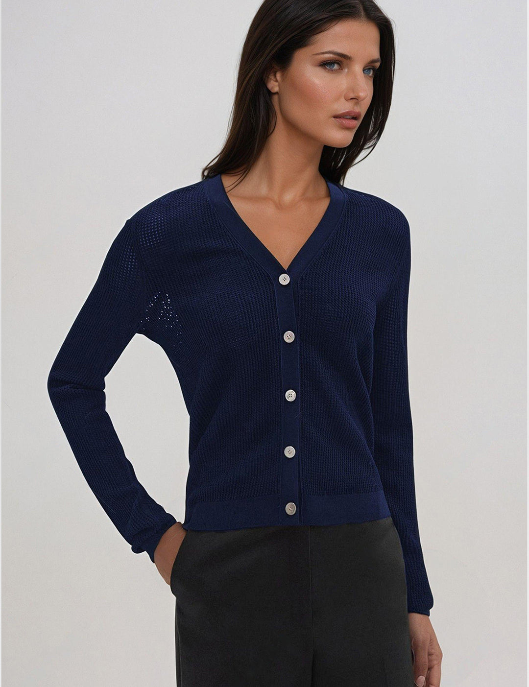 KOTTY Self Design V Neck Casual Women Dark Blue Sweater 