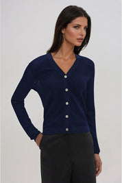 KOTTY Self Design V Neck Casual Women Dark Blue Sweater 