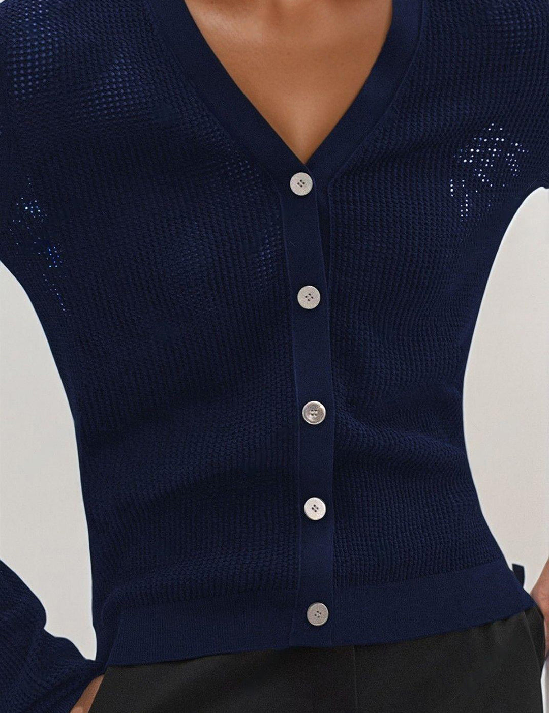 KOTTY Self Design V Neck Casual Women Dark Blue Sweater 