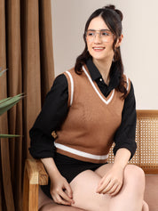 KOTTY Printed V Neck Casual Women Brown Sweater 