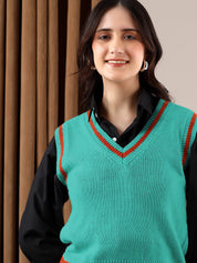 KOTTY Printed V Neck Casual Women Blue Sweater 