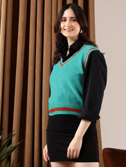 KOTTY Printed V Neck Casual Women Blue Sweater 