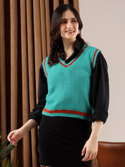 KOTTY Printed V Neck Casual Women Blue Sweater 
