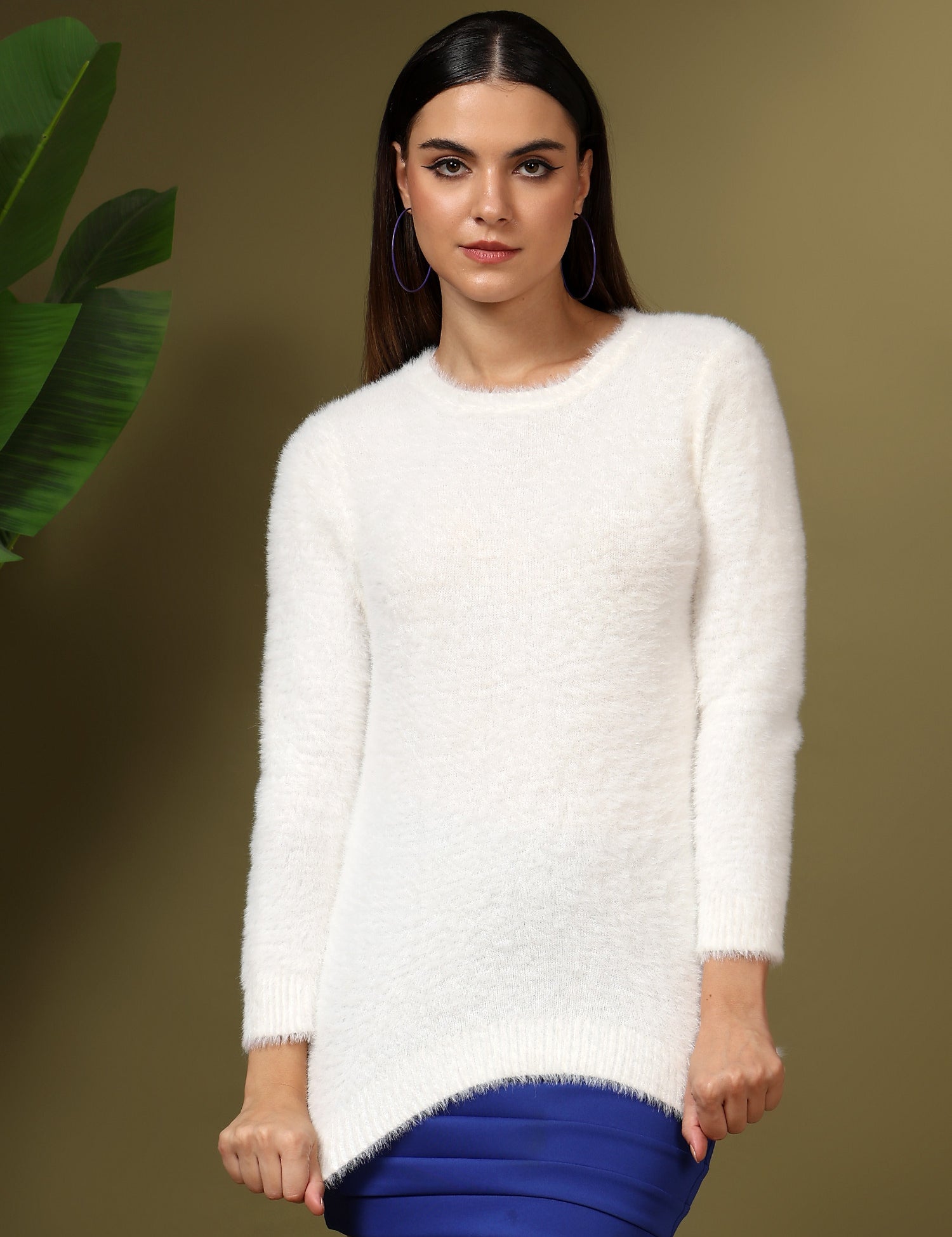 KOTTY Solid Round Neck Casual Women White Sweater 