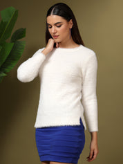 KOTTY Solid Round Neck Casual Women White Sweater 