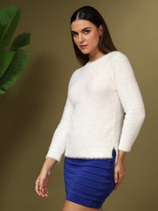 KOTTY Solid Round Neck Casual Women White Sweater 