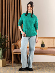 KOTTY Solid Round Neck Casual Women Green Sweater 