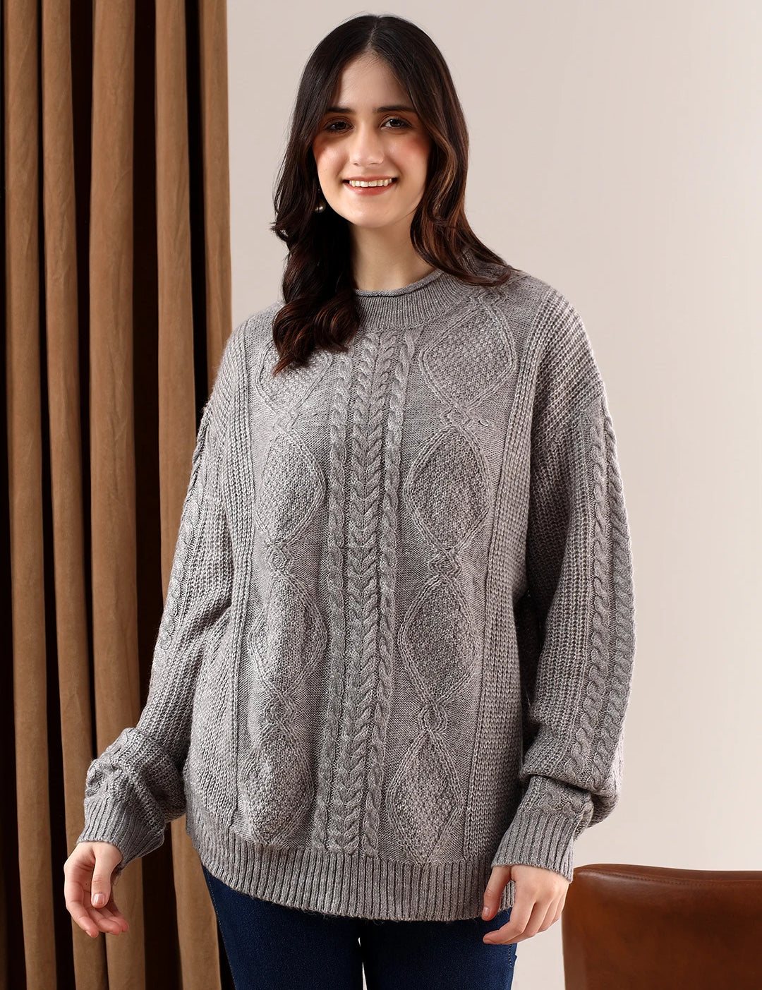 KOTTY Self Design Round Neck Casual Women Grey Sweater 