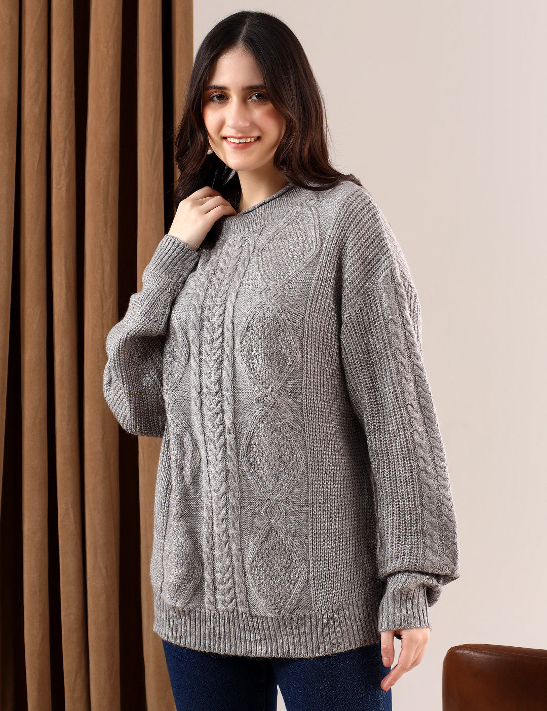 KOTTY Self Design Round Neck Casual Women Grey Sweater 