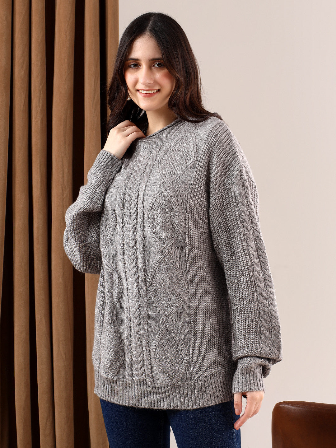 KOTTY Self Design Round Neck Casual Women Grey Sweater 