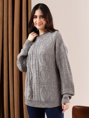 KOTTY Self Design Round Neck Casual Women Grey Sweater 