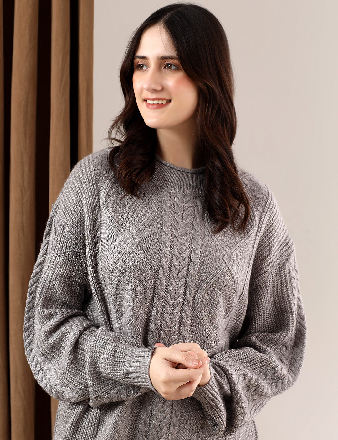 KOTTY Self Design Round Neck Casual Women Grey Sweater 