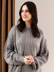KOTTY Self Design Round Neck Casual Women Grey Sweater 