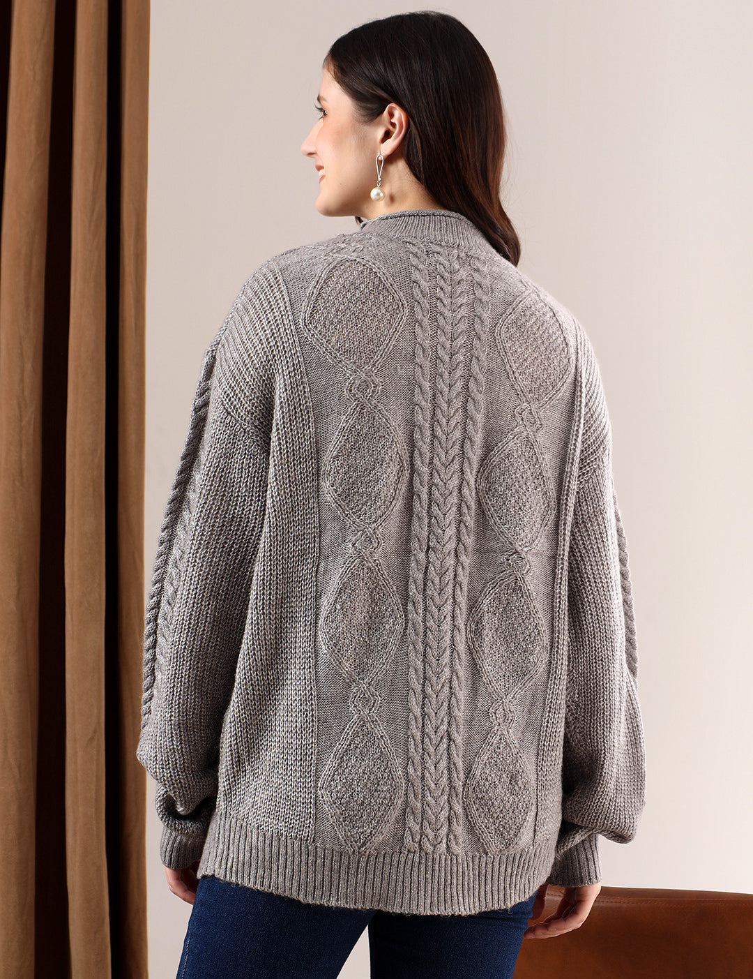KOTTY Self Design Round Neck Casual Women Grey Sweater 
