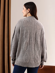 KOTTY Self Design Round Neck Casual Women Grey Sweater 