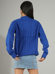 KOTTY Solid Round Neck Casual Women Blue Sweater 