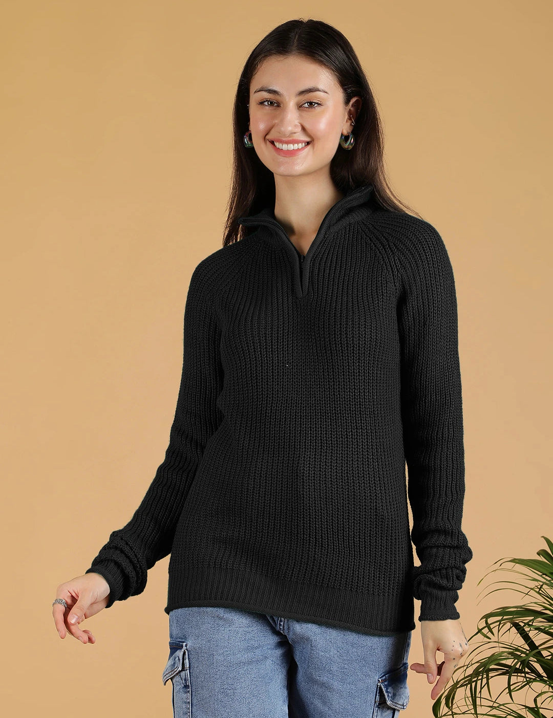 KOTTY Solid High Neck Casual Women Black Sweater 