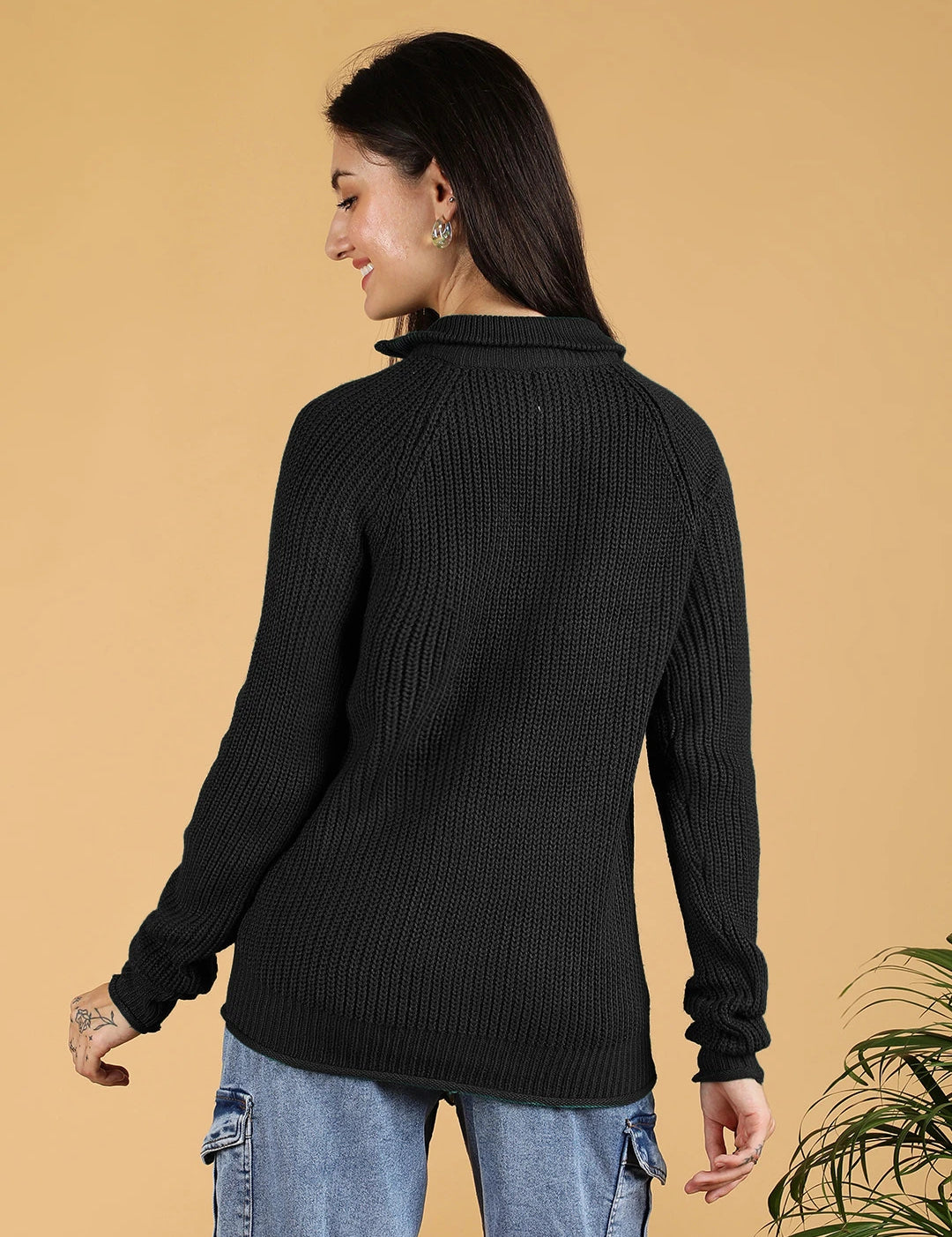 KOTTY Solid High Neck Casual Women Black Sweater 