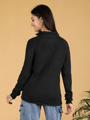 KOTTY Solid High Neck Casual Women Black Sweater 