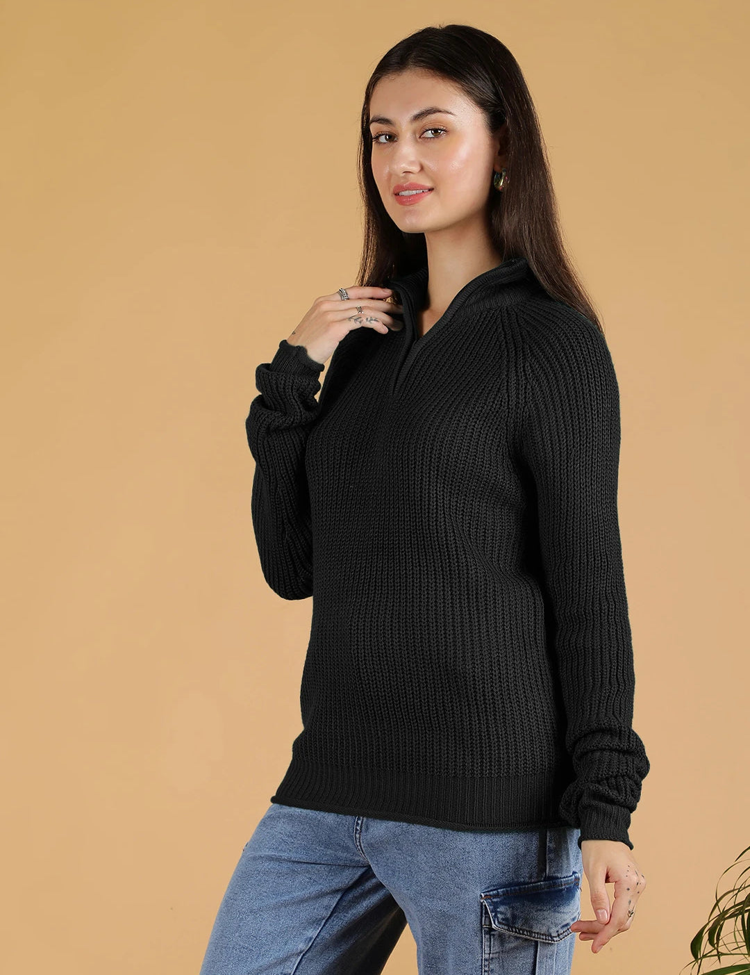 KOTTY Solid High Neck Casual Women Black Sweater 