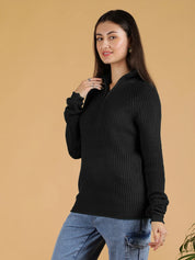 KOTTY Solid High Neck Casual Women Black Sweater 