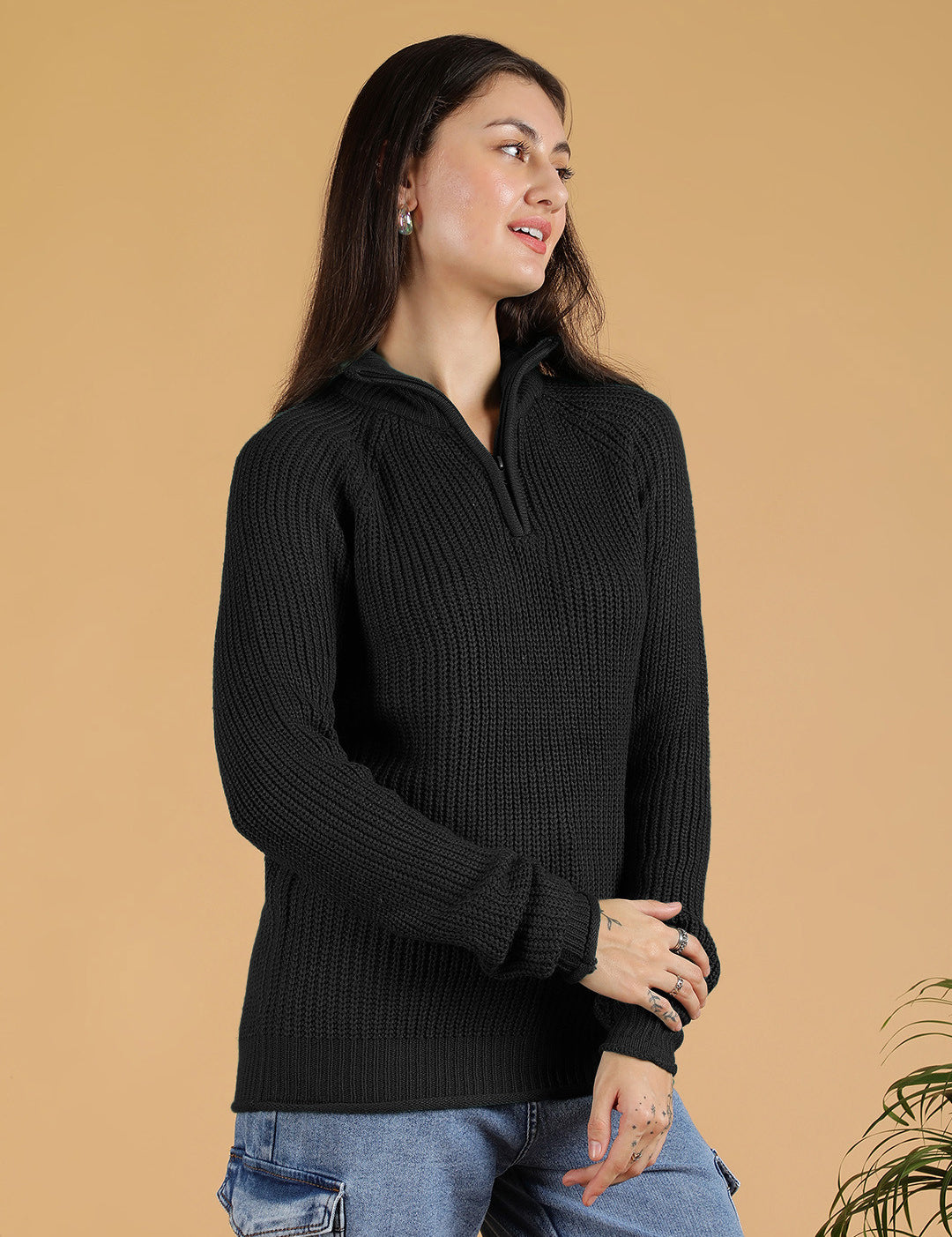 KOTTY Solid High Neck Casual Women Black Sweater 