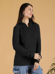 KOTTY Solid High Neck Casual Women Black Sweater 