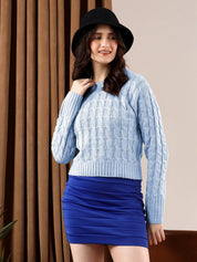 KOTTY Woven Round Neck Casual Women Blue Sweater 