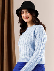 KOTTY Woven Round Neck Casual Women Blue Sweater 