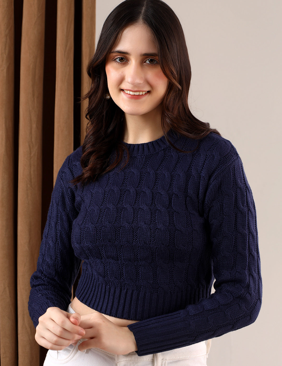 KOTTY Self Design High Neck Casual Women Blue Sweater 