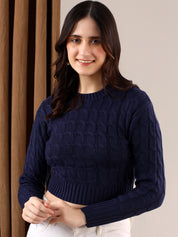 KOTTY Self Design High Neck Casual Women Blue Sweater 