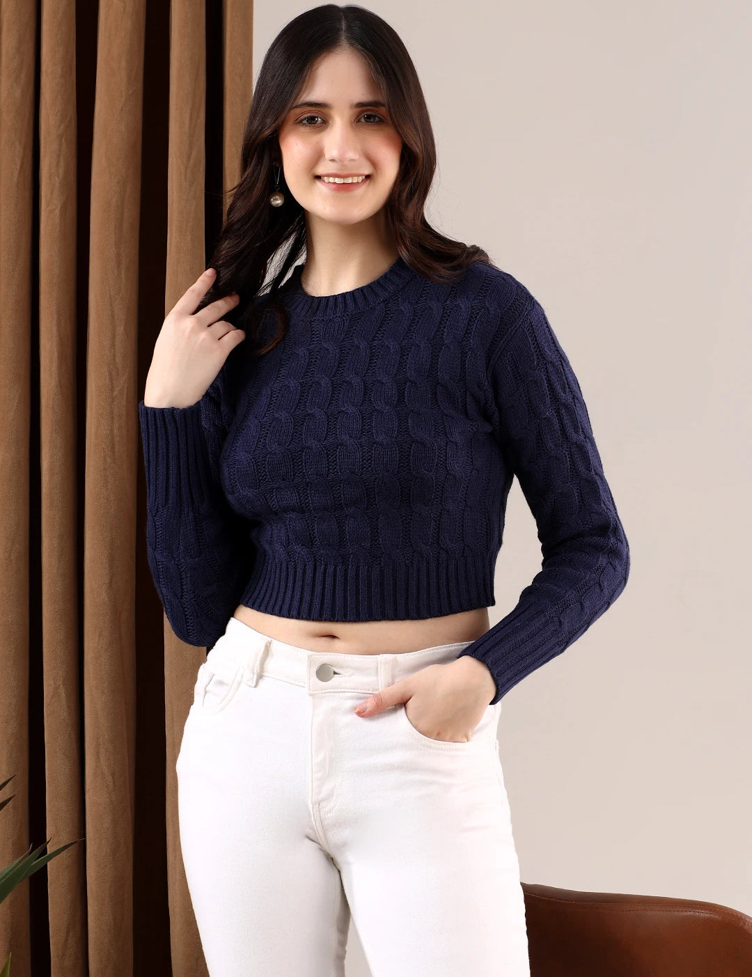 KOTTY Self Design High Neck Casual Women Blue Sweater 