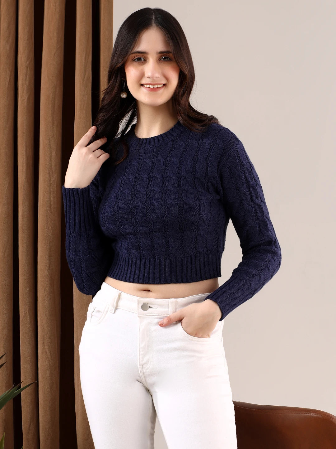 KOTTY Self Design High Neck Casual Women Blue Sweater 