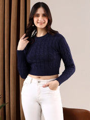 KOTTY Self Design High Neck Casual Women Blue Sweater 
