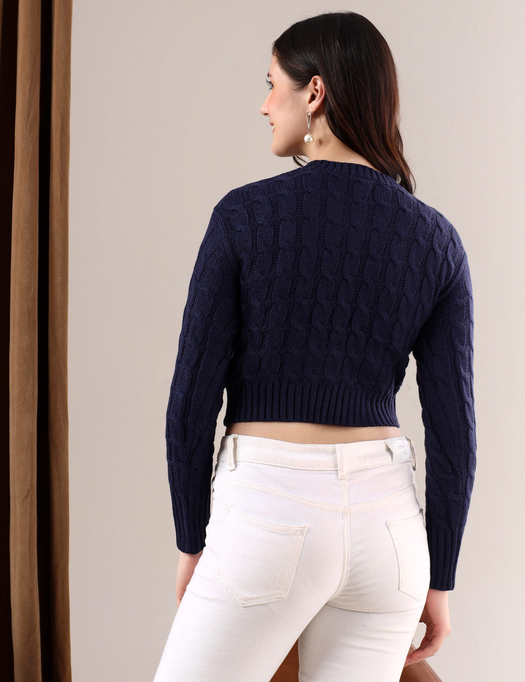 KOTTY Self Design High Neck Casual Women Blue Sweater 