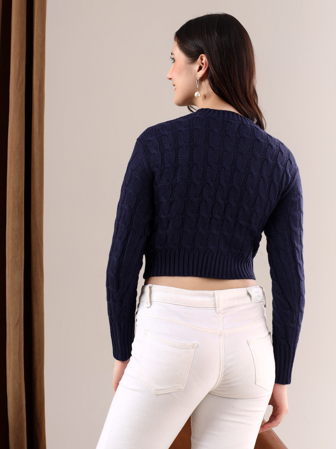 KOTTY Self Design High Neck Casual Women Blue Sweater 