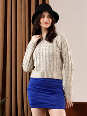 KOTTY Self Design Round Neck Casual Women Beige Sweater 