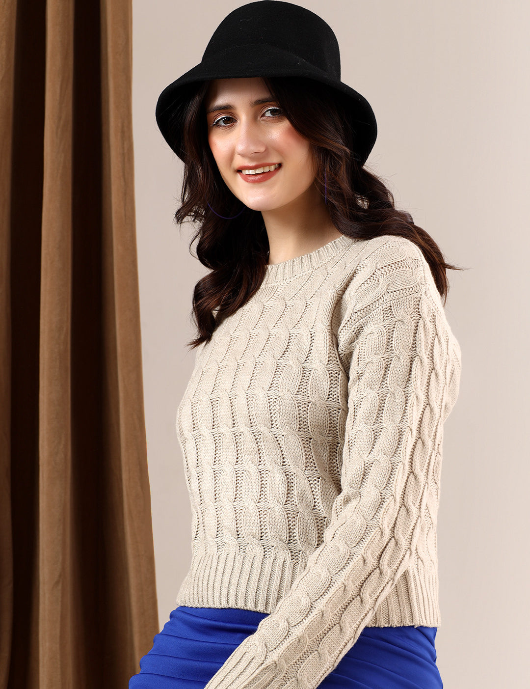 KOTTY Self Design Round Neck Casual Women Beige Sweater 